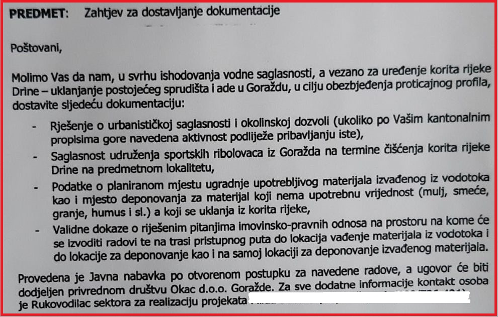 Dokumentacija koju AVP Sava traži od Grada Goražda